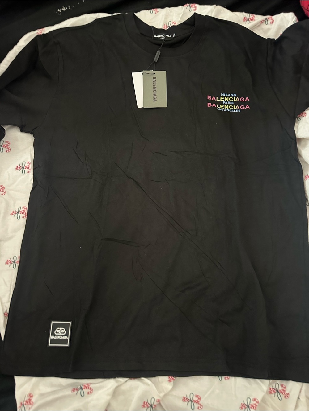 Balenciaga Black Short Sleeve Tee with Multicolor Logo